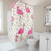 水彩ピンクのフラミンゴで、金色の網目が付いている シャワーカーテン (インサイチュ)