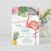水彩ピンクのフラミンゴの女の子が1歳の誕生日 招待状 (スタンド正面)