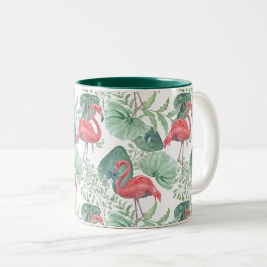水彩ピンクのフラミンゴ葉と。 ツートーンマグカップ (正面右)