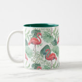 水彩ピンクのフラミンゴ葉と。 ツートーンマグカップ (左)