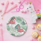 水彩ピンクのフラミンゴ葉と。 ペーパープレート (パーティー)