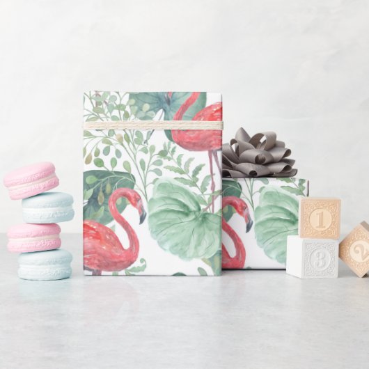 水彩ピンクのフラミンゴ葉と ラッピングペーパー (ベビーシャワー)