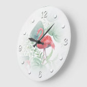 水彩ピンクのフラミンゴ葉と。 ラージ壁時計 (傾斜)