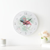 水彩ピンクのフラミンゴ葉と。 ラージ壁時計 (ホーム)