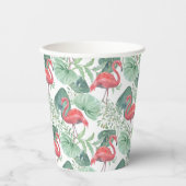 水彩ピンクのフラミンゴ葉と。 紙コップ (正面)