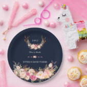 水彩ピンクのフラワーブラッシュ アントラー ネイビーウェディング ペーパープレート (パーティー)