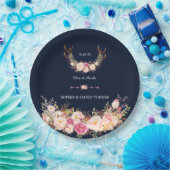 水彩ピンクのフラワーブラッシュ アントラー ネイビー ウェディング ペーパープレート (パーティー)