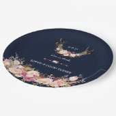 水彩ピンクのフラワーブラッシュ アントラー ネイビー ウェディング ペーパープレート (アングル)