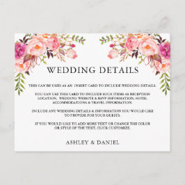 水彩ピンクのフローラの結婚詳細挿入カード ポストカード