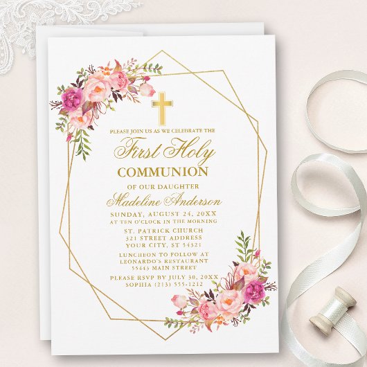 水彩ピンクのフローラジオフレーム最初のコミュニティ 招待状