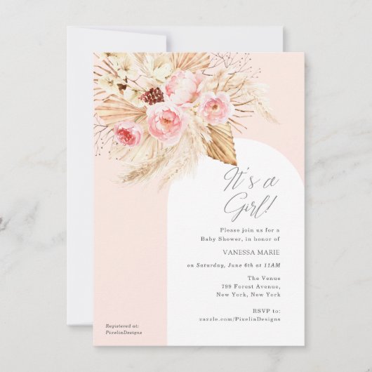 水彩ピンクのフローラパンパスベビーガールシャワー 招待状 (正面)
