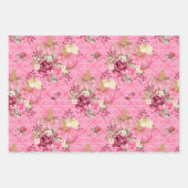 水彩ピンクのフローラパンプキンのダマスクパターン ラッピングペーパーシート (正面2)