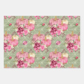 水彩ピンクのフローラパンプキンのダマスクパターン ラッピングペーパーシート (正面)