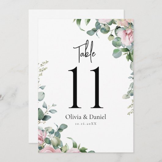 水彩ピンクのフローラ結婚のテーブル番号 (正面/裏面)