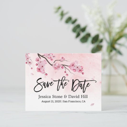 水彩ピンクのフローラ結婚式の日付を保存 案内ポストカード (スタンド正面)