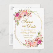 水彩ピンクのフローラ金ゴールドフレーム日付を保存 案内ポストカード (正面/裏面)