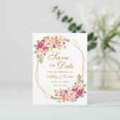 水彩ピンクのフローラ金ゴールドフレーム日付を保存 案内ポストカード (スタンド正面)