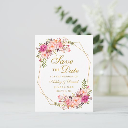 水彩ピンクのフローラ金ゴールドフレーム日付を保存 案内ポストカード (スタンド正面)