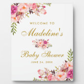 水彩ピンクのフローラ金ゴールドベビーシャワーへようこそ フォトプラーク (正面)