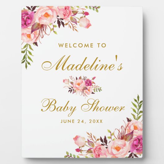 水彩ピンクのフローラ金ゴールドベビーシャワーへようこそ フォトプラーク (正面)