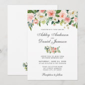 水彩ピンクのブッシュとホワイトの花のウェディング 招待状 (正面/裏面)