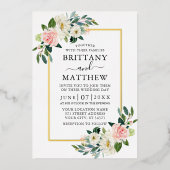 水彩ピンクのブッシュホワイト フラワーズ ウェディング ゴールド 箔招待状 (正面)