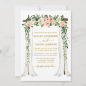 水彩ピンクのブッシュ フローラル ウェディング キャノピー ゴールド 招待状 (正面)