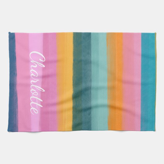 水彩ピンクのブラシストロークストライプのパーソナライズされた キッチンタオル (横)