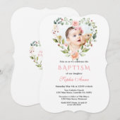 水彩ピンクのブラッシュフラワーの花のフォト洗礼 招待状 (正面/裏面)