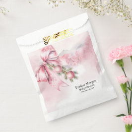 水彩ピンクのボウと飾り玉のベビーシャワー フェイバーバッグ