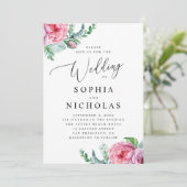 水彩ピンクのボヘミアンフラワーデザイン。ボヘミアンスタイルのウェディング 招待状 (スタンド正面)