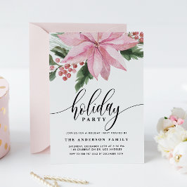 水彩ピンクのポインセチアとホリーのホリデーパーティー 招待状