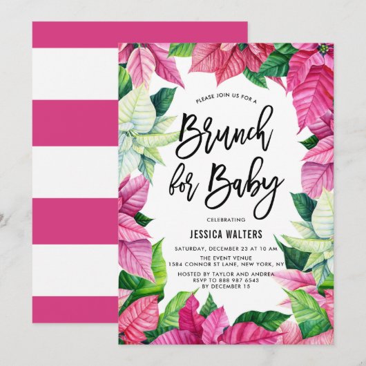 水彩ピンクのポインセチア ベビーシャワーブランunch 招待状 (正面/裏面)
