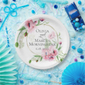 水彩ピンクのポピーと葉 ペーパープレート (パーティー)