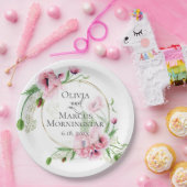 水彩ピンクのポピーと葉 ペーパープレート (パーティー)