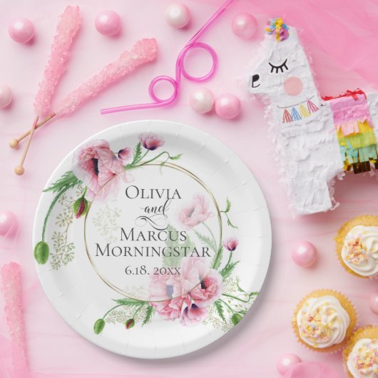 水彩ピンクのポピーと葉 ペーパープレート (パーティー)