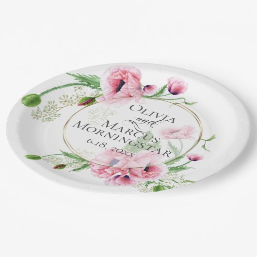 水彩ピンクのポピーと葉 ペーパープレート (アングル)