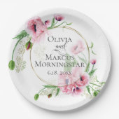 水彩ピンクのポピーと葉 ペーパープレート (正面)