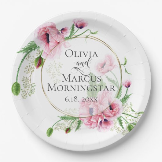 水彩ピンクのポピーと葉 ペーパープレート (正面)