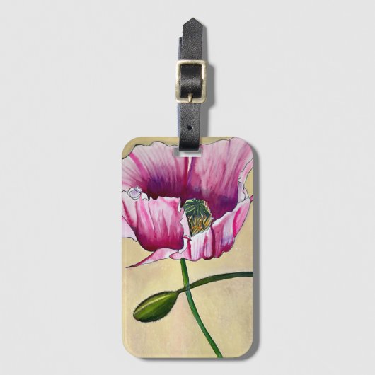 水彩ピンクのポピーのアートフラワー ラゲッジタグ (正面縦)