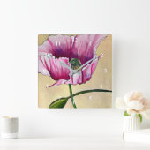 水彩ピンクのポピーアートフラワー スクエア壁時計 (ホーム)