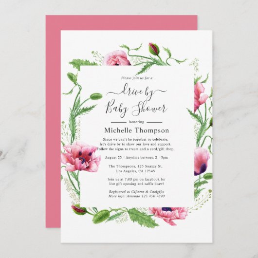 水彩ピンクのポピー結婚式 招待状 (正面/裏面)