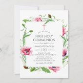 水彩ピンクのポピー　初めての聖体拝領 招待状 (正面)