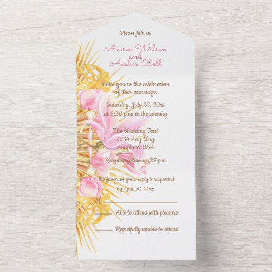 水彩ピンクのマグノリア オールインワン招待状 (内側)