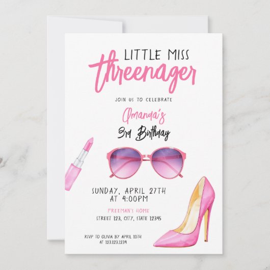 水彩ピンクのメイクアップをテーマにした3回目の誕生日 招待状 (正面)