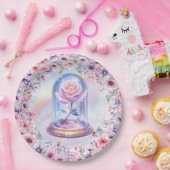 水彩ピンクのユニコーンとフェアリーのバラで地球 ペーパープレート (パーティー)