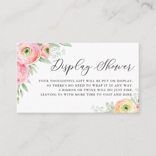 水彩ピンクのランナキュラスの花がシャワーを表示 エンクロージャーカード (正面)