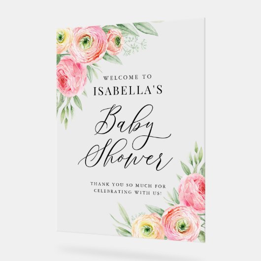 水彩ピンクのランナキュラス赤ちゃんシャワーへようこそ アクリルサイン (傾斜)