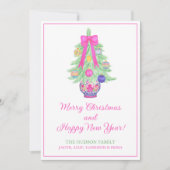 水彩ピンクのリボン ジンジャージャー クリスマスツリー シーズンカード (正面)
