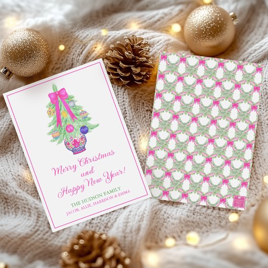 水彩ピンクのリボン ジンジャージャー クリスマスツリー シーズンカード